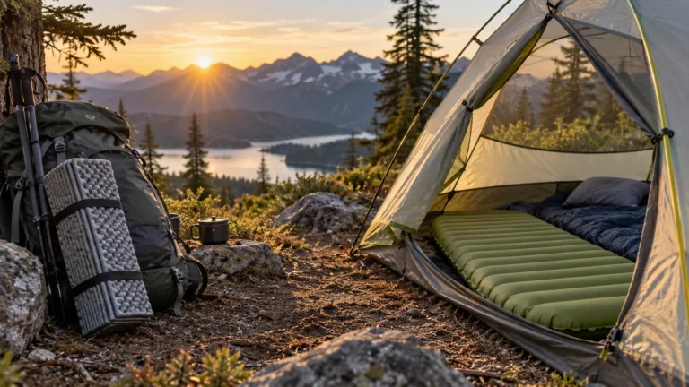 Closed-cell foam pad strapped to a backpack beside an inflatable sleeping pad in a mountain campsite