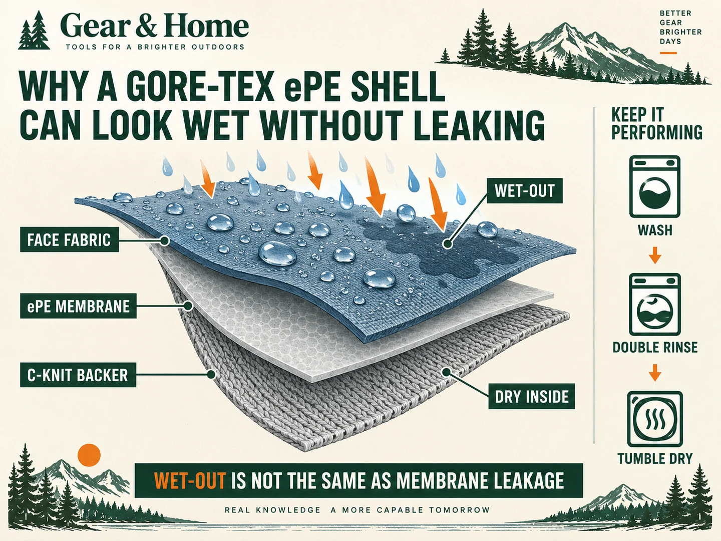 Gore-Tex ePE shell layers explaining face-fabric wet-out versus waterproof membrane leakage