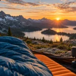 Inflatable sleeping pad and sleeping bag inside a mountain tent at sunrise