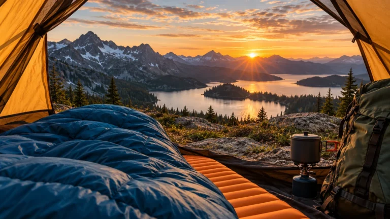 Inflatable sleeping pad and sleeping bag inside a mountain tent at sunrise