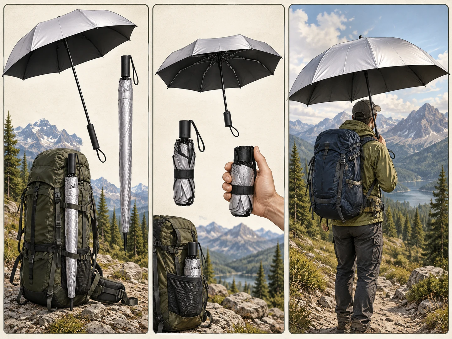 Fixed-shaft, compact folding and wide-coverage hiking umbrella designs compared with backpacks
