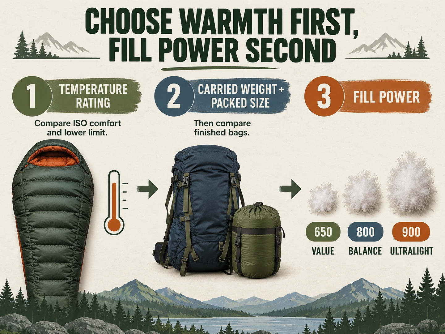 Sleeping bag decision graphic showing temperature rating, carried weight and packed size before fill power