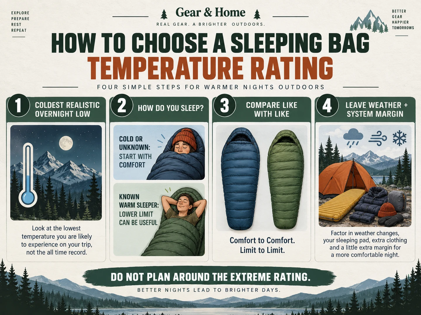 Decision guide for choosing a sleeping bag rating from expected low temperature and sleeper type