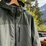 Water beading on a clean waterproof rain jacket during DWR care