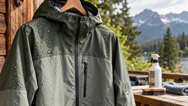 Water beading on a clean waterproof rain jacket during DWR care