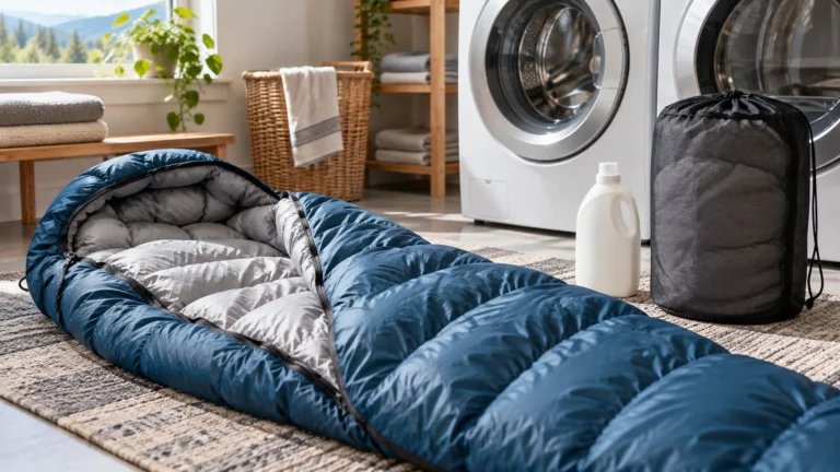 Down sleeping bag laid out beside a front-loading washer, down cleaner and breathable storage sack