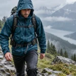 Hiker wearing a waterproof shell on a rainy mountain trail