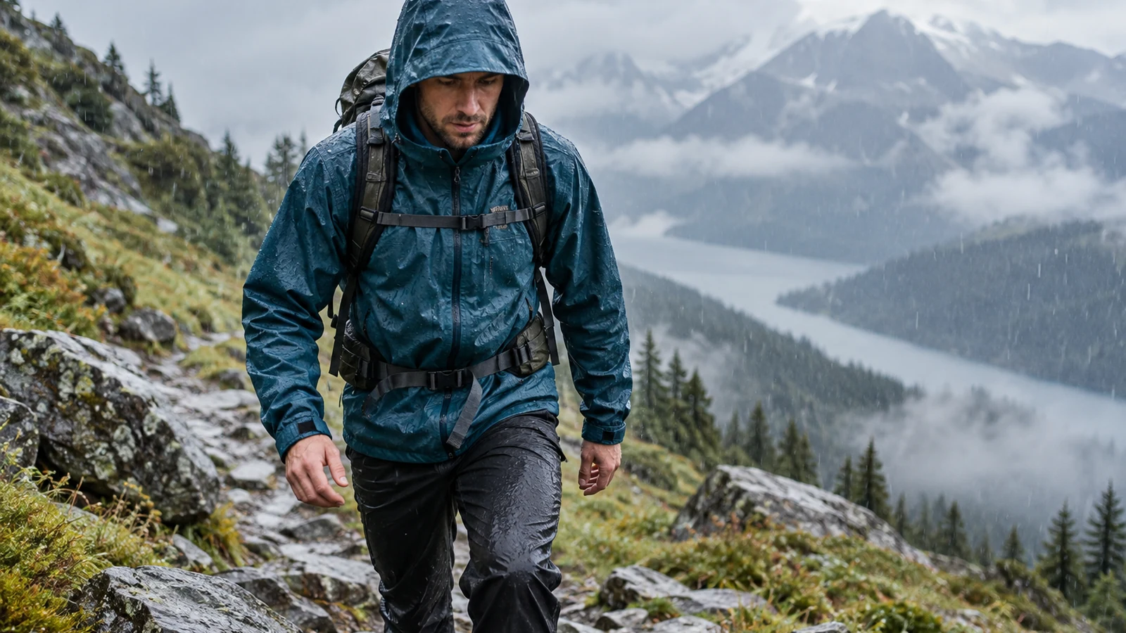 Hiker wearing a waterproof shell on a rainy mountain trail
