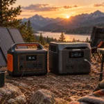 Two portable power stations with solar panels at a mountain campsite at sunset