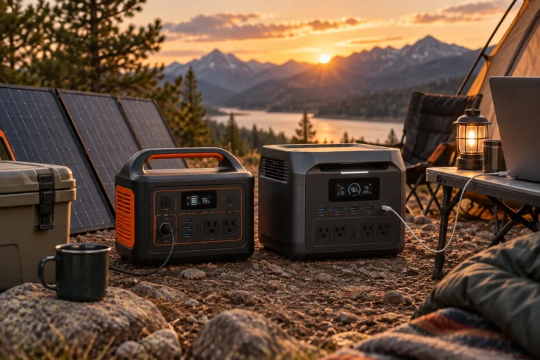 Two portable power stations with solar panels at a mountain campsite at sunset