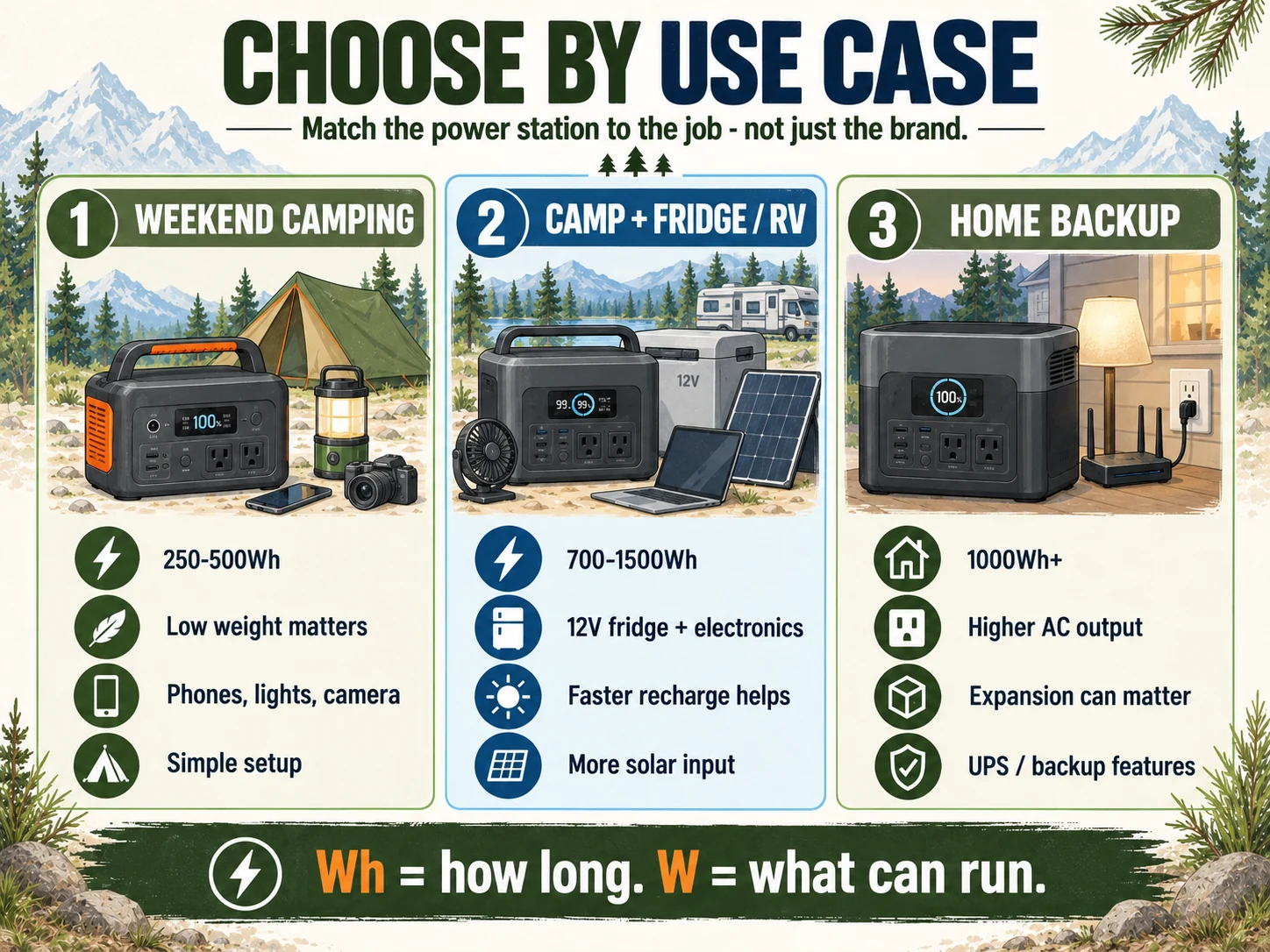 Portable power station use cases for weekend camping, RV and fridge loads, and home backup