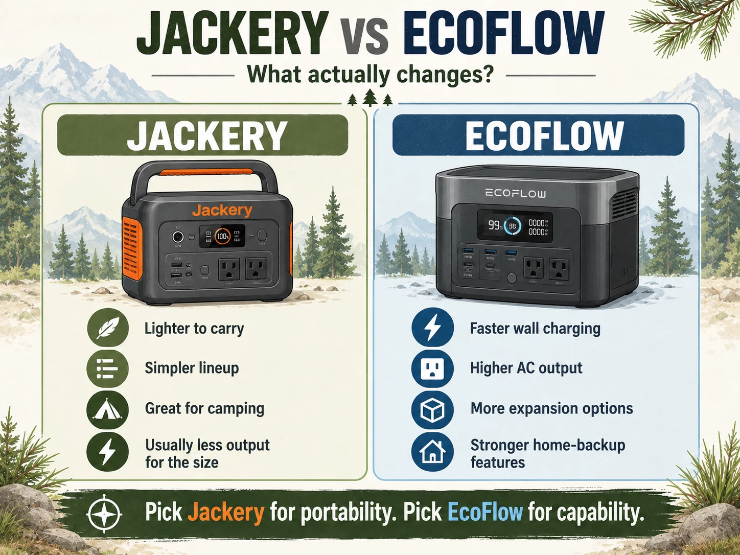Jackery vs EcoFlow comparison showing portability, charging, output, expansion and backup differences