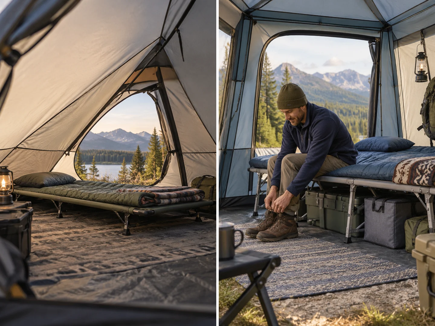 Low-profile and tall camping cots compared inside different tent layouts