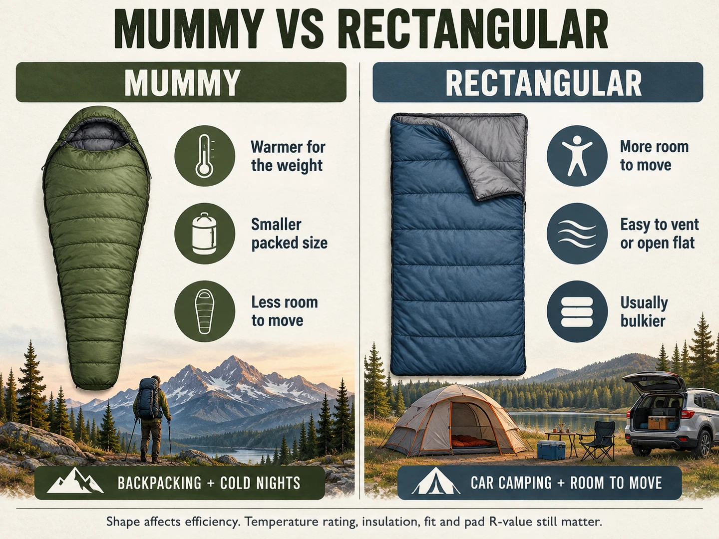 Mummy and rectangular sleeping bag trade-offs for backpacking and car camping