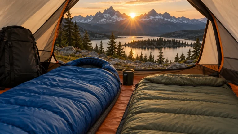 Mummy and rectangular sleeping bags side by side inside a tent at sunrise