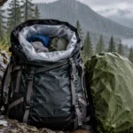 Backpacker managing rain protection for a wet backpack while keeping critical gear dry