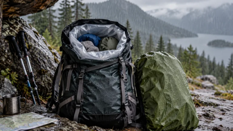 Backpacker managing rain protection for a wet backpack while keeping critical gear dry