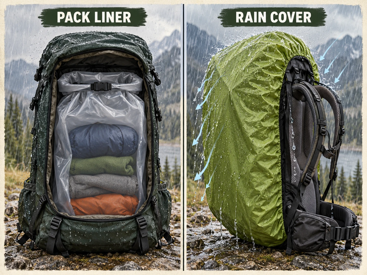 Pack liner and backpack rain cover comparison showing what each protects from rain