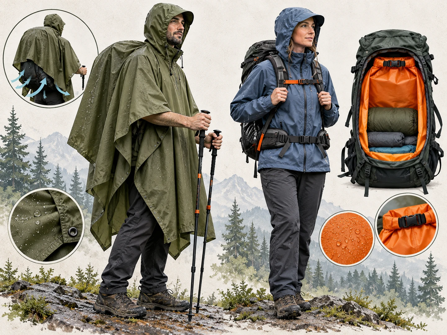 Poncho covering a backpack compared with a rain jacket and internal pack liner system