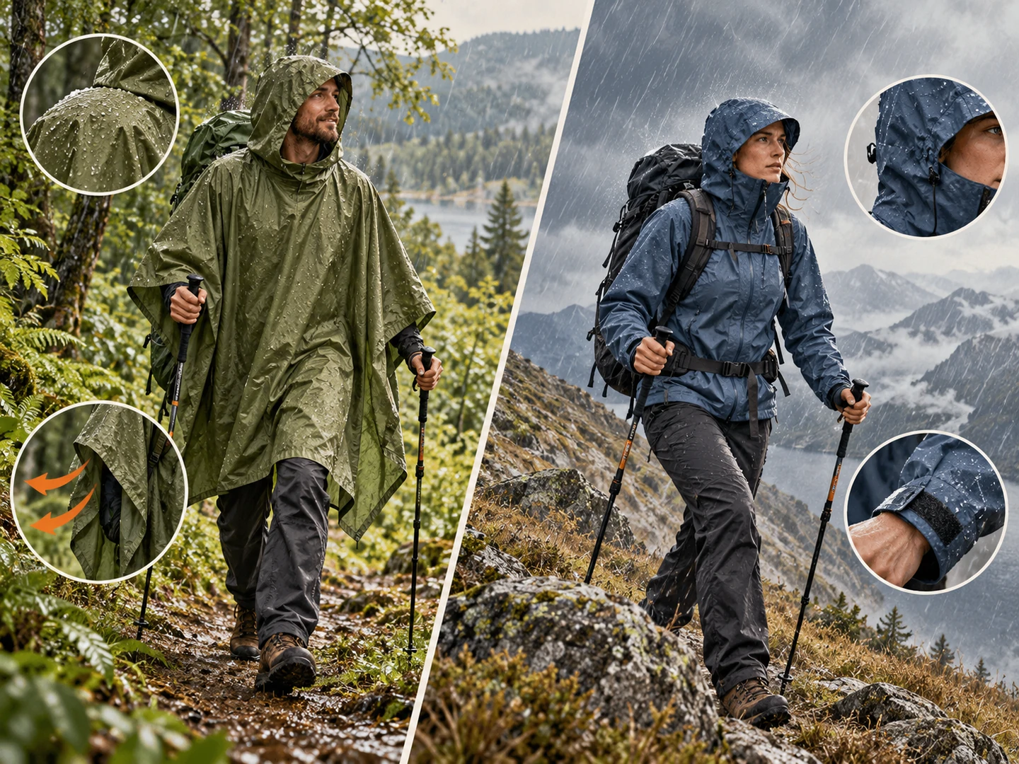 Backpacking poncho ventilation compared with fitted rain jacket wind protection