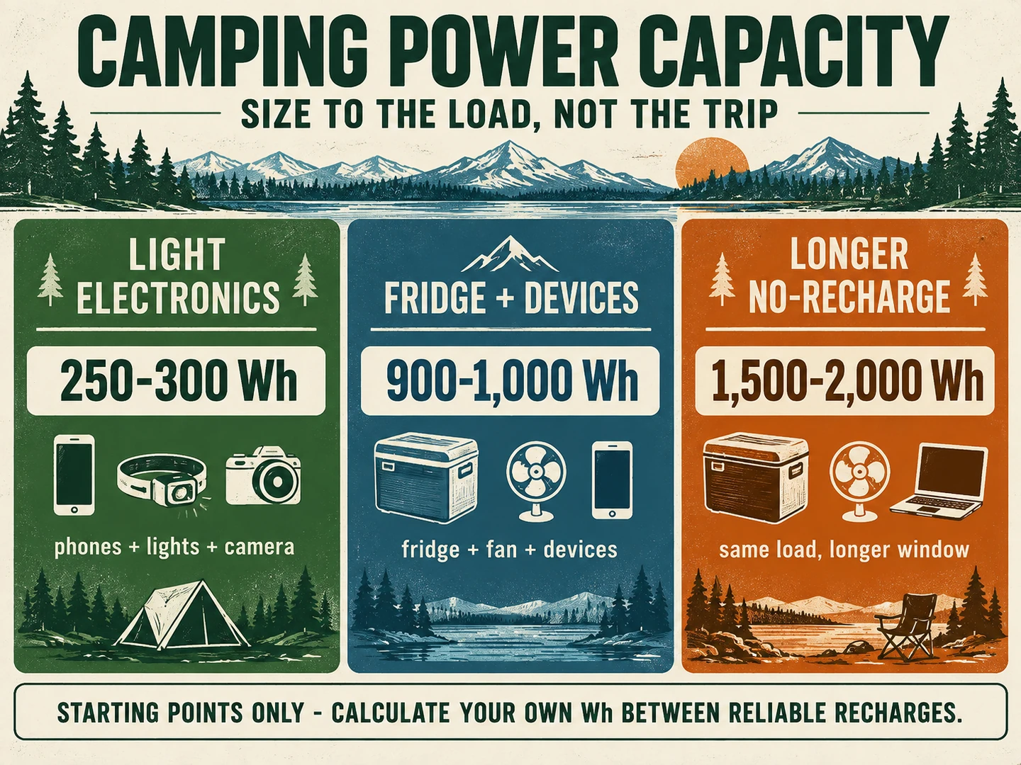 Camping power station capacity classes from light electronics to fridge and longer off-grid loads