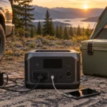 Portable power station running campsite electronics beside a tent and vehicle