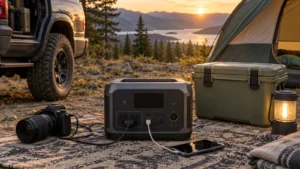 Portable power station running campsite electronics beside a tent and vehicle