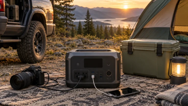Portable power station running campsite electronics beside a tent and vehicle