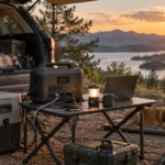 Portable power station powering a laptop and campsite gear beside an SUV at sunset