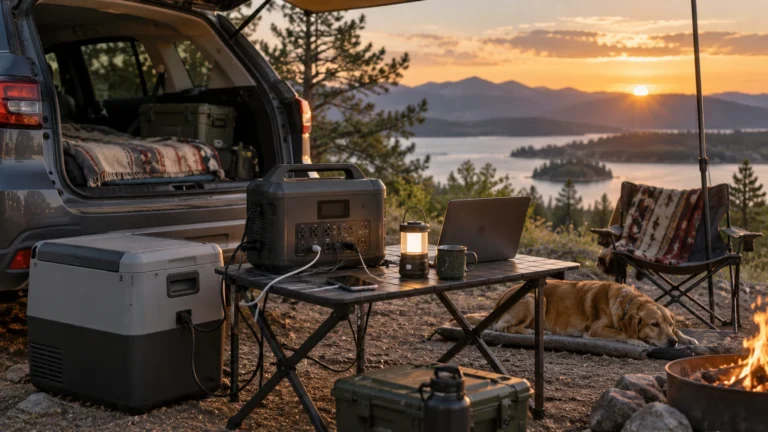 Portable power station powering a laptop and campsite gear beside an SUV at sunset