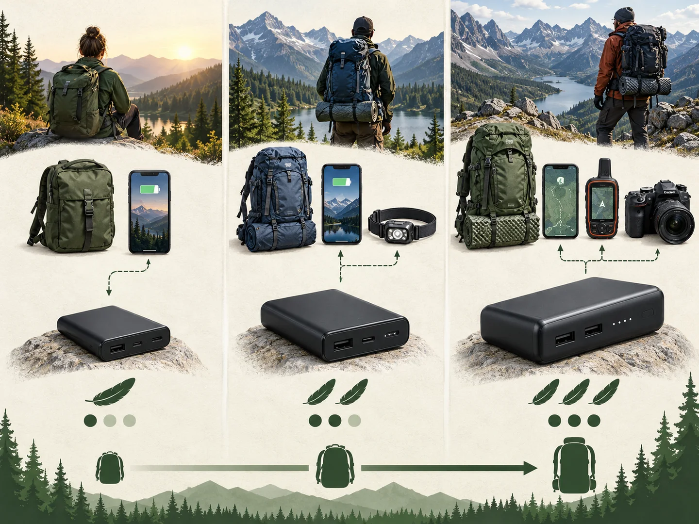 Visual comparison of power bank size and carried load as backpacking trip energy needs increase