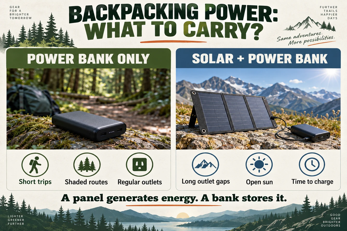 Power bank only compared with solar panel plus power bank for different backpacking route conditions