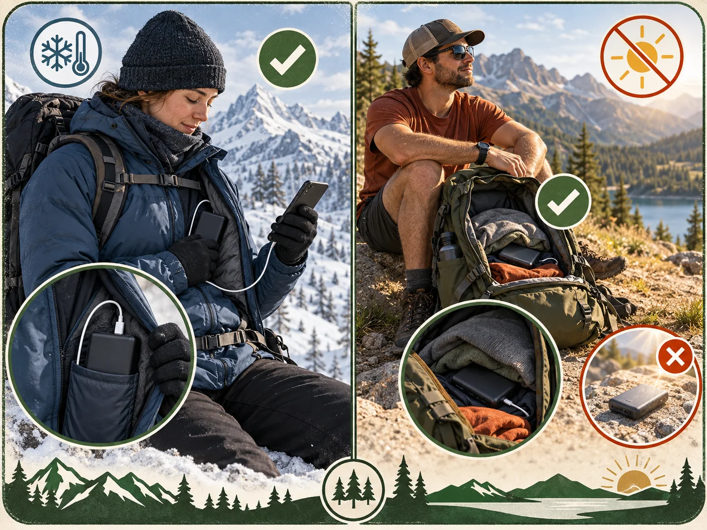 Backpacking power bank protected from cold and heat in contrasting mountain conditions