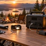 Power bank and portable power station powering camping electronics at a lakeside campsite