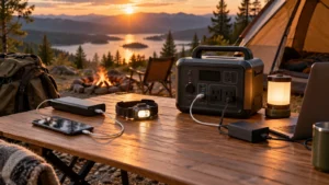 Power bank and portable power station powering camping electronics at a lakeside campsite
