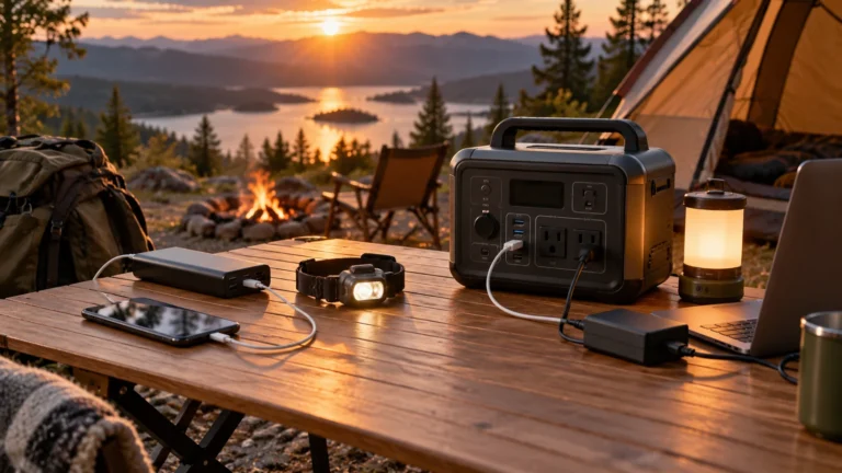 Power bank and portable power station powering camping electronics at a lakeside campsite