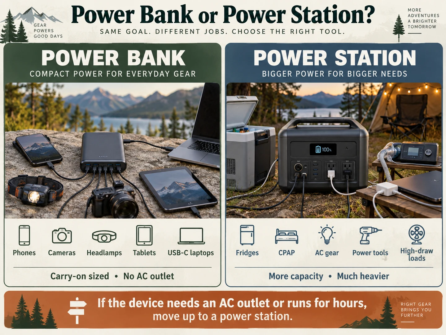 Power bank and portable power station compared for different camping electronics