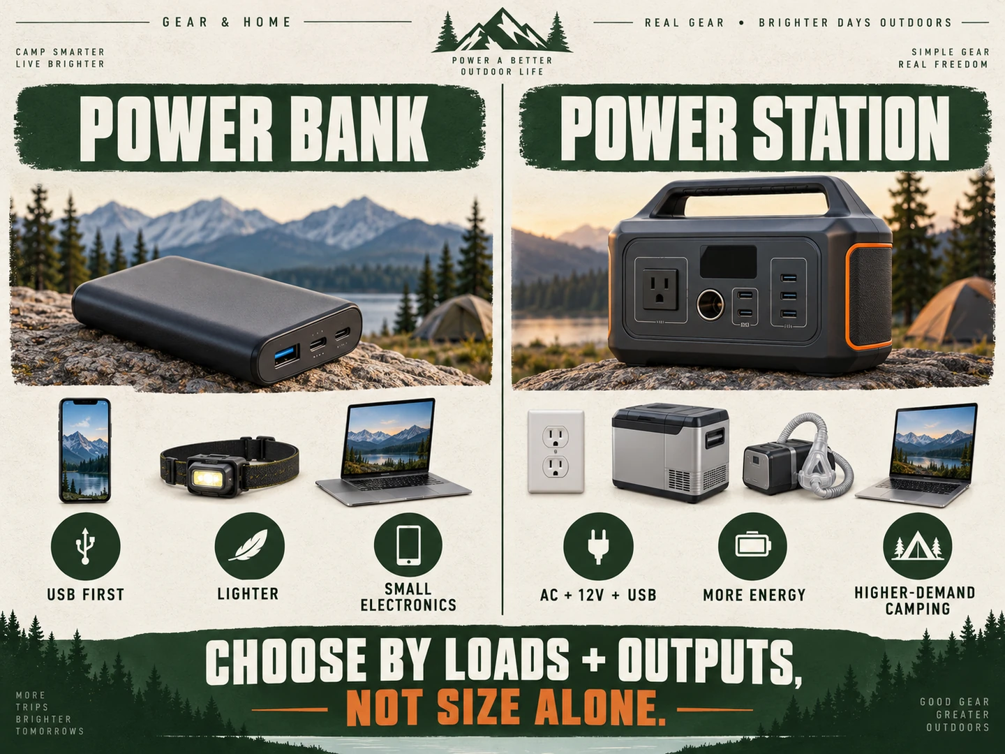 Power bank and portable power station compared by outputs, portability and camping use cases