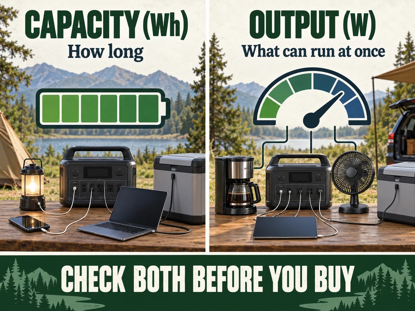 Portable power station capacity in watt-hours compared with output in watts