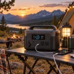 Portable power station on a camping table at sunset with a tent, lantern and mountain lake