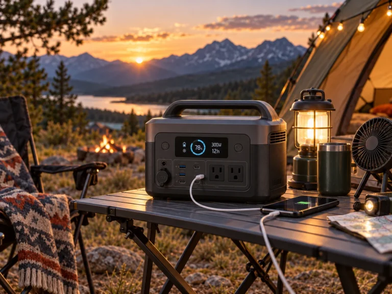 Portable power station on a camping table at sunset with a tent, lantern and mountain lake