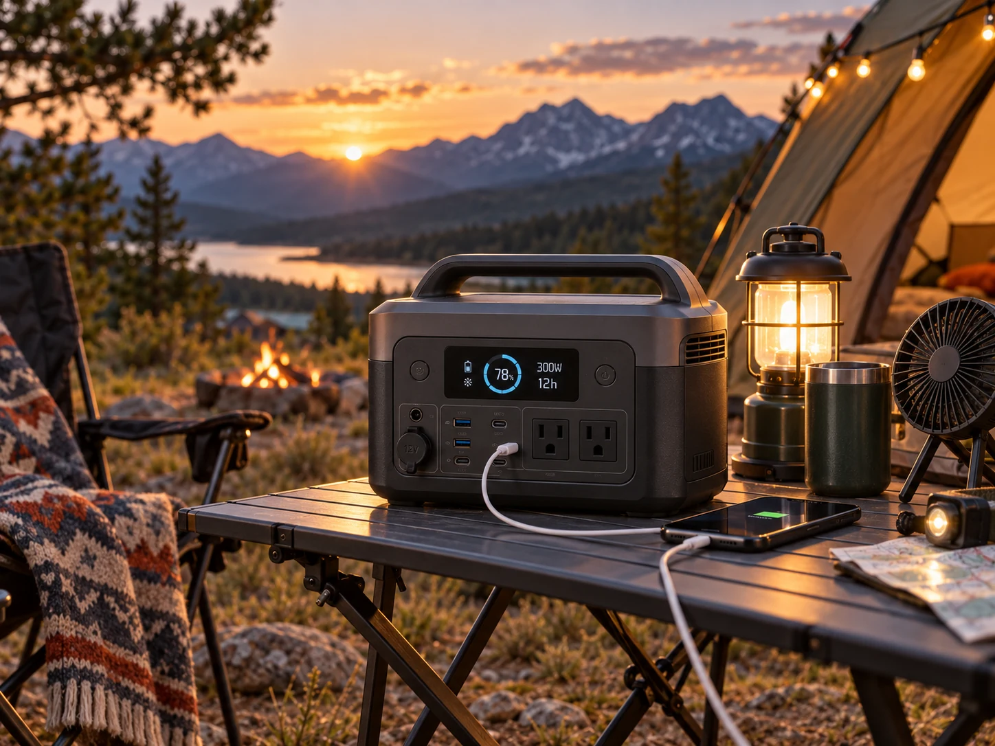 Portable power station on a camping table at sunset with a tent, lantern and mountain lake