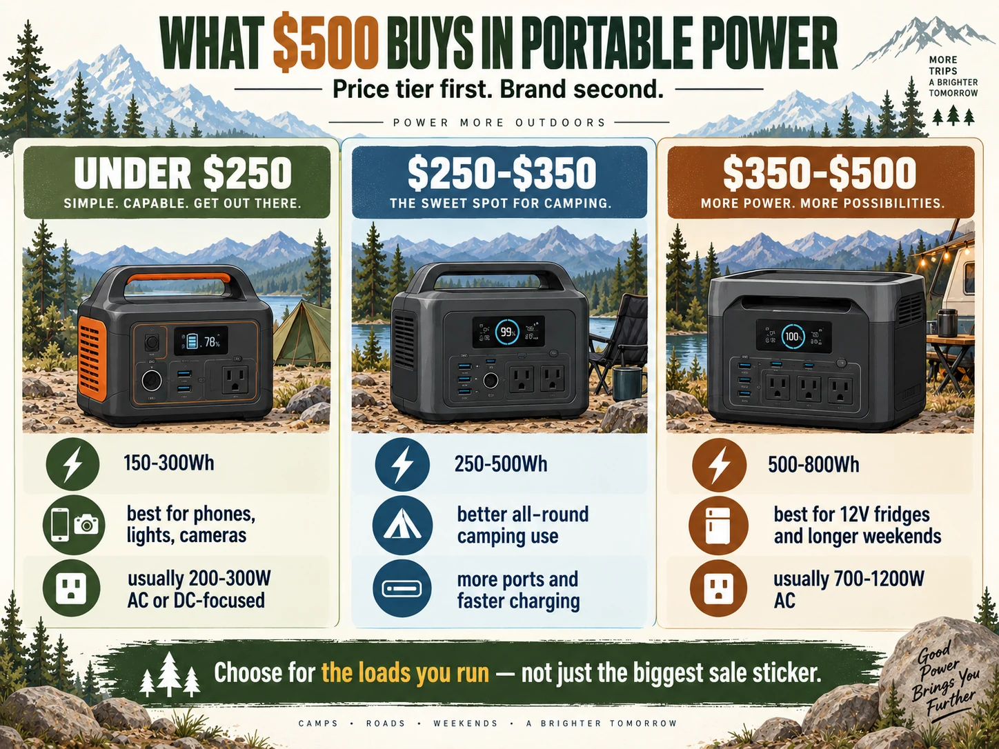 Camping power station price tiers under 500 dollars from compact electronics use to fridge-ready weekend power