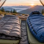 Backpacking quilt and hooded sleeping bag arranged side by side on sleeping pads inside an alpine tent