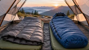 Backpacking quilt and hooded sleeping bag arranged side by side on sleeping pads inside an alpine tent