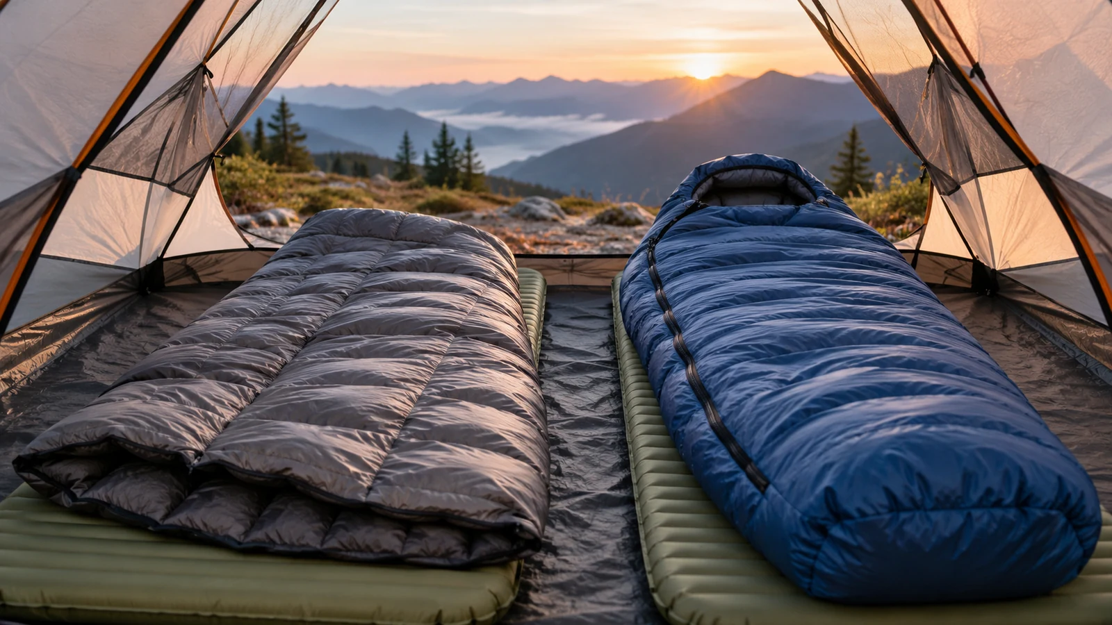 Backpacking quilt and hooded sleeping bag arranged side by side on sleeping pads inside an alpine tent