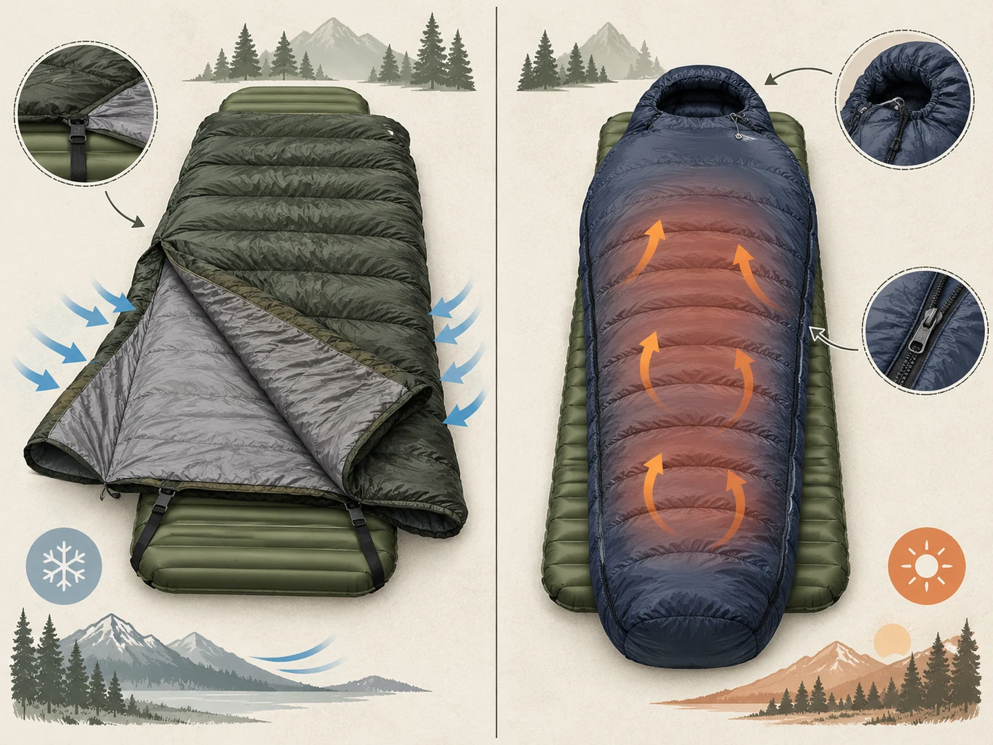 Illustrated comparison of an open backpacking quilt with pad straps and a fully enclosed hooded sleeping bag