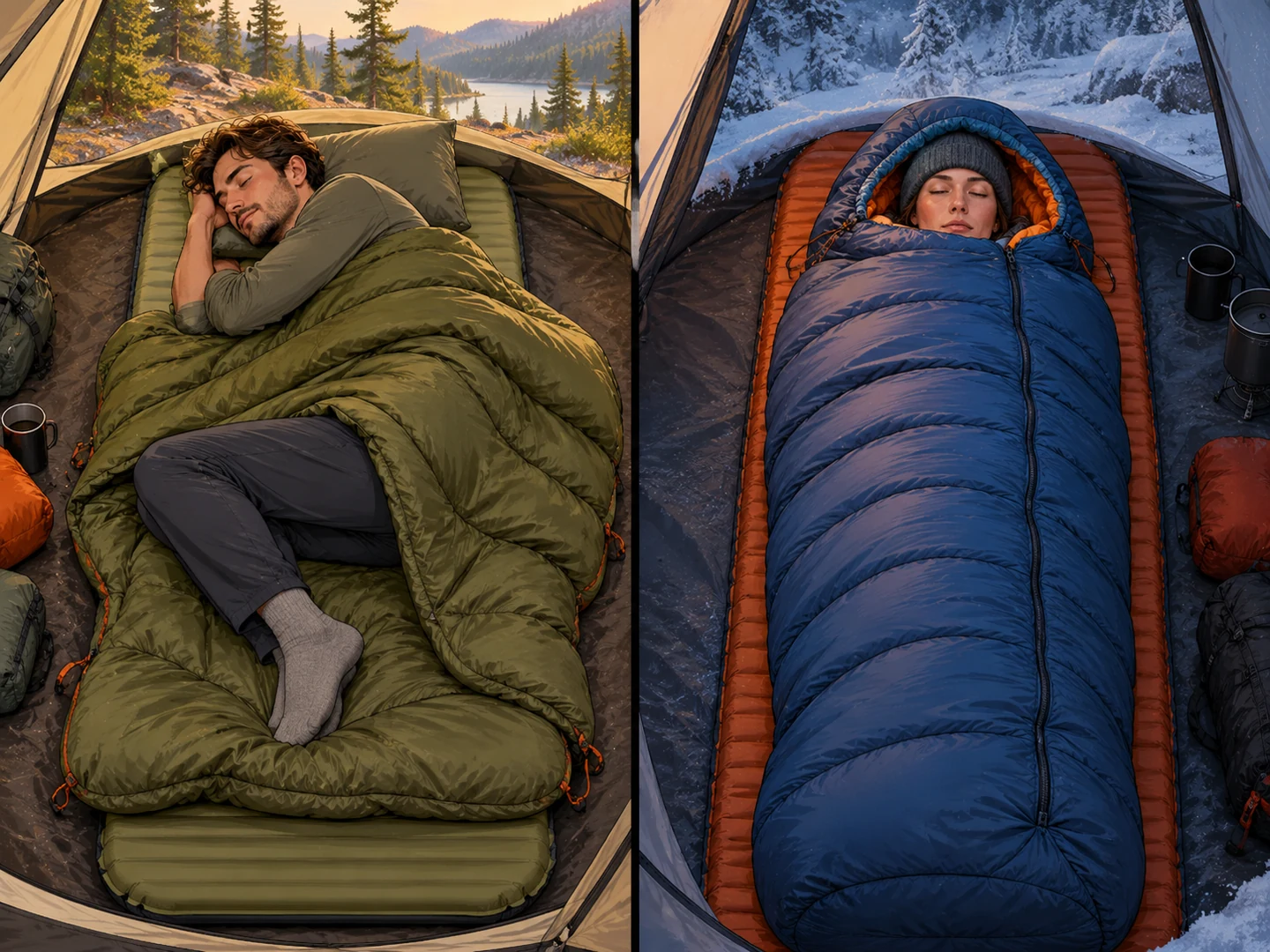 Side sleeper using a backpacking quilt in mild weather beside a cold-weather camper in a hooded mummy sleeping bag