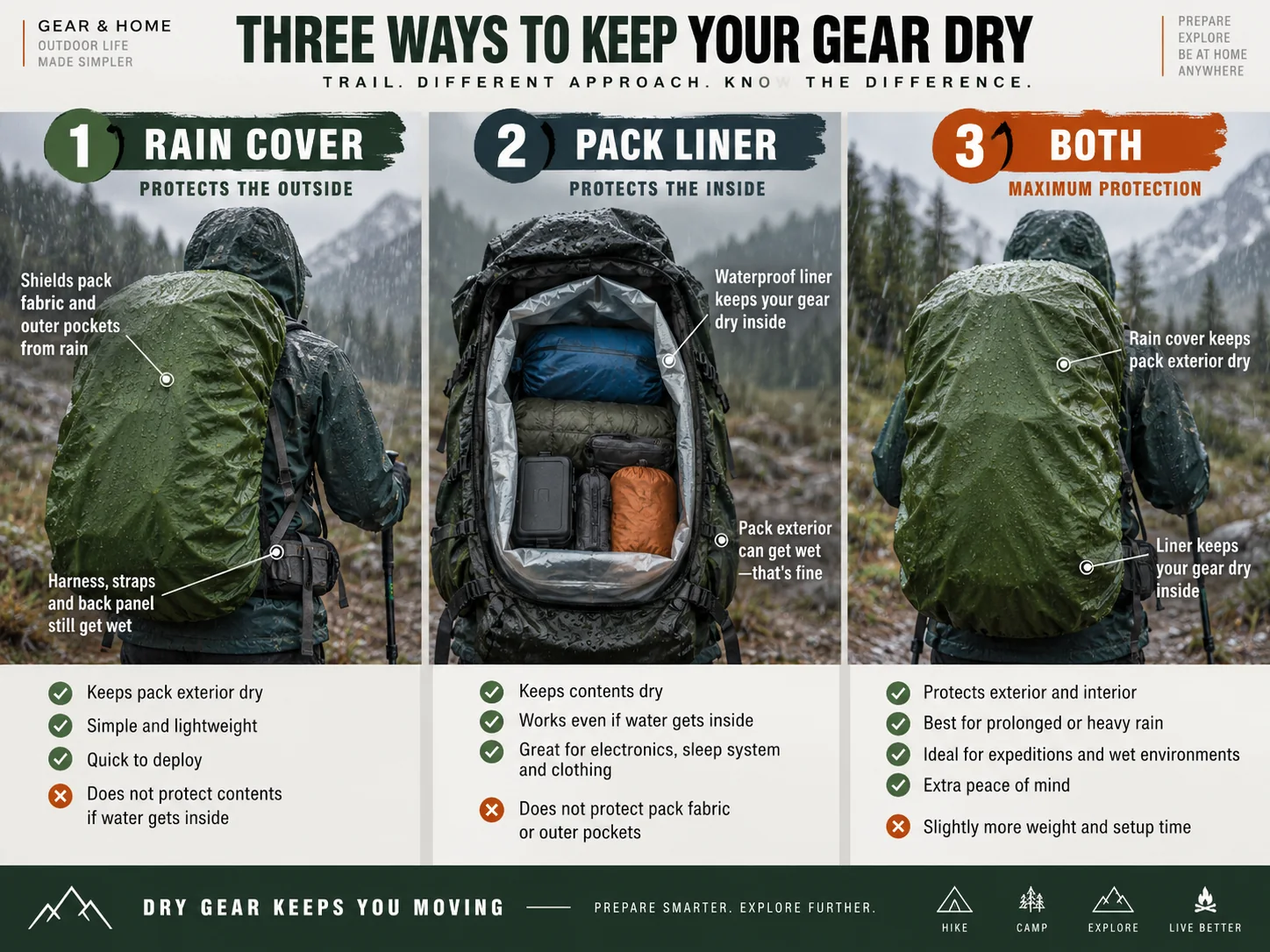 Rain cover, pack liner and combined wet-weather backpack protection compared