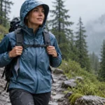 Hiker wearing a waterproof rain jacket and backpack on a wet mountain trail